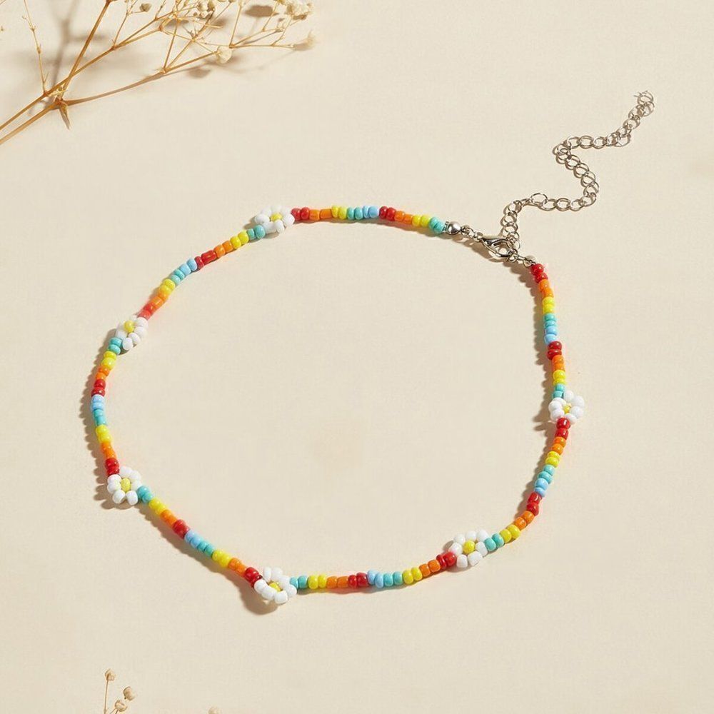 Rainbow Beaded White Daisy Choker Necklace‎